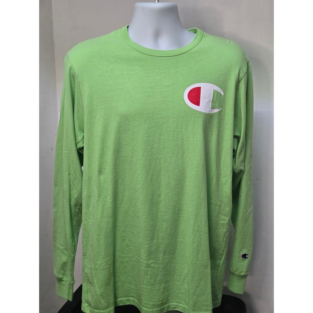Champion Mens Big C Logo Long Sleeve T-Shirt Lime Green Script Sleeve Large